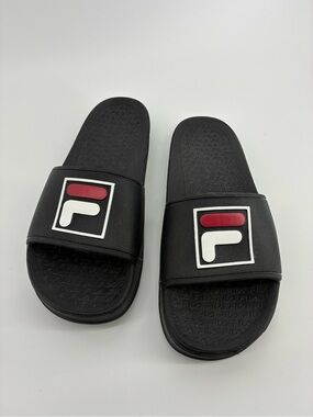 Fila Black Slide Sandals with Red and White Logo Accents